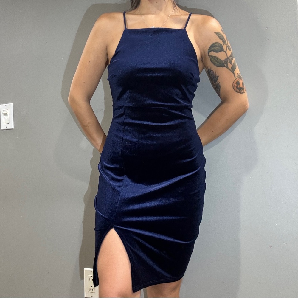 Windsor Blue Halter Slit Midi Dress